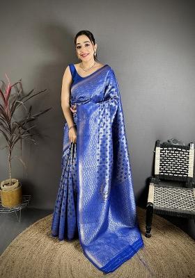 Royal Blue Printed Silk Saree Set