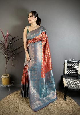 Burnt Orange&nbsp; Floral Print Silk Blend Saree Set