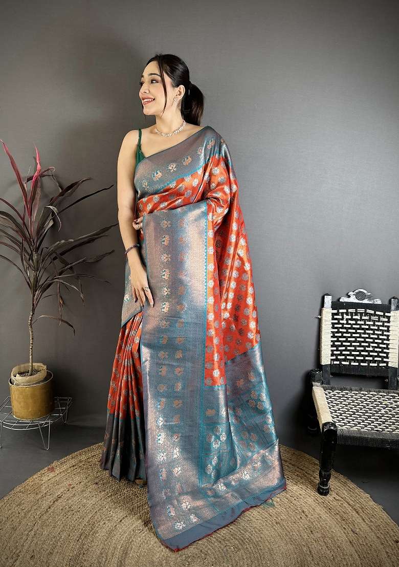 Burnt Orange Silk Blend Saree Set with Floral Print for Diwali | Wedding & Festive Wear - Indya