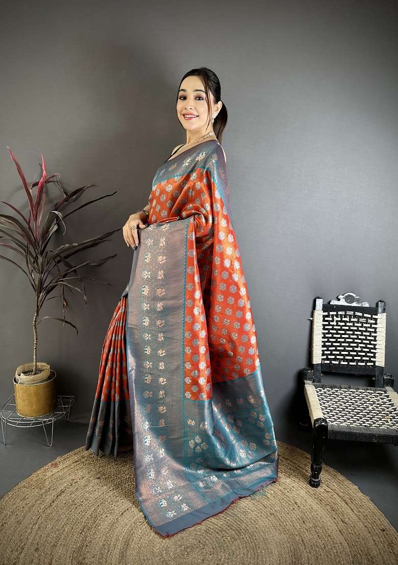Burnt Orange Silk Blend Saree Set with Floral Print for Diwali | Wedding & Festive Wear - Indya