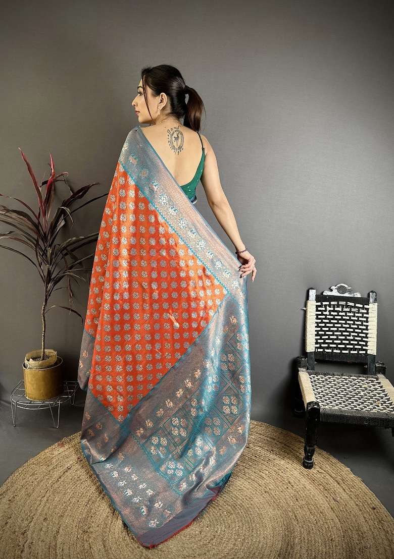 Burnt Orange Silk Blend Saree Set with Floral Print for Diwali | Wedding & Festive Wear - Indya