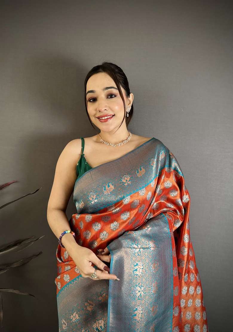 Burnt Orange Silk Blend Saree Set with Floral Print for Diwali | Wedding & Festive Wear - Indya