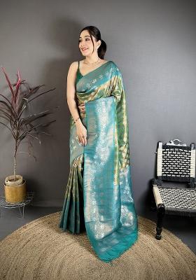 Teal Green Floral Print Silk Blend Saree Set