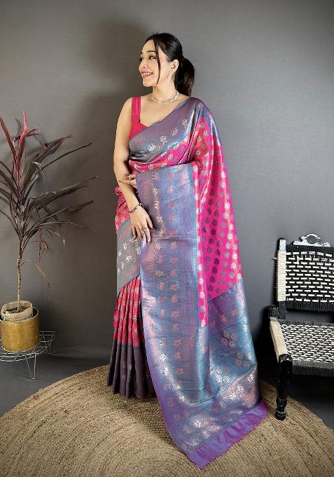 Pink Floral Print Silk Saree Set — view on Indya