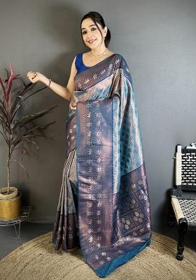Denim Blue Floral Print Silk Blend Saree Set