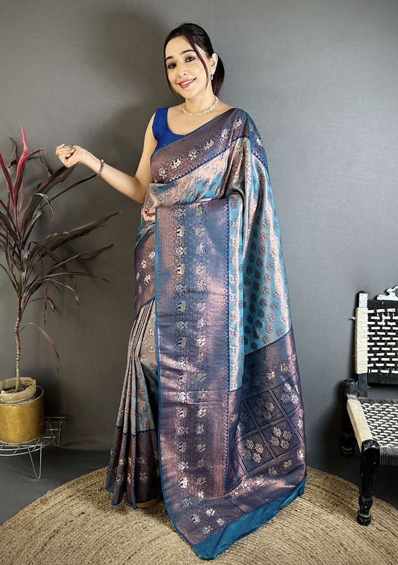 Denim Blue Floral Print Silk Blend Saree Set for Diwali and Festive Wear - Indya