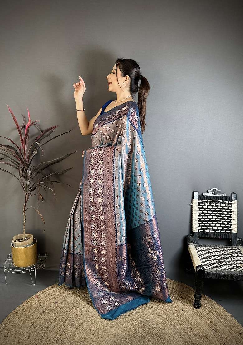 Denim Blue Floral Print Silk Blend Saree Set for Diwali and Festive Wear - Indya