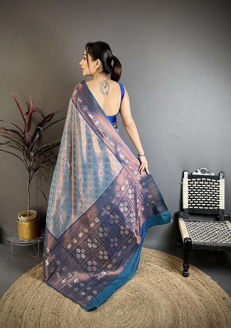 Denim Blue Floral Print Silk Blend Saree Set for Diwali and Festive Wear - Indya