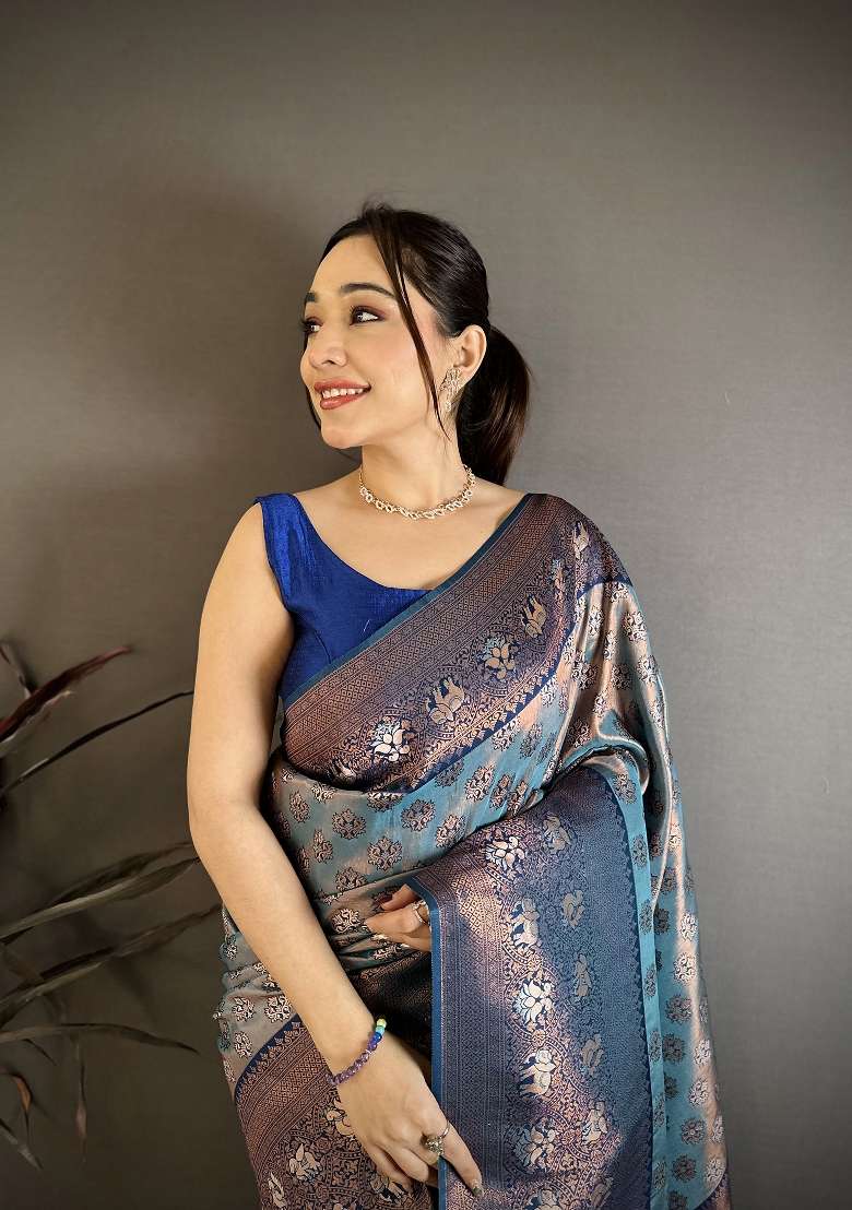 Denim Blue Floral Print Silk Blend Saree Set for Diwali and Festive Wear - Indya