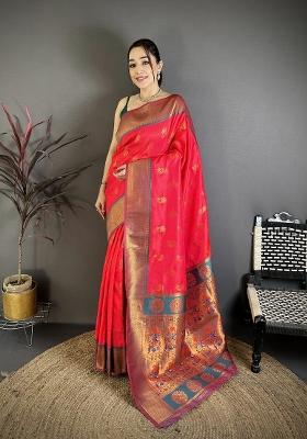 Rani Pink&nbsp; Zari Work Silk Blend Saree Set