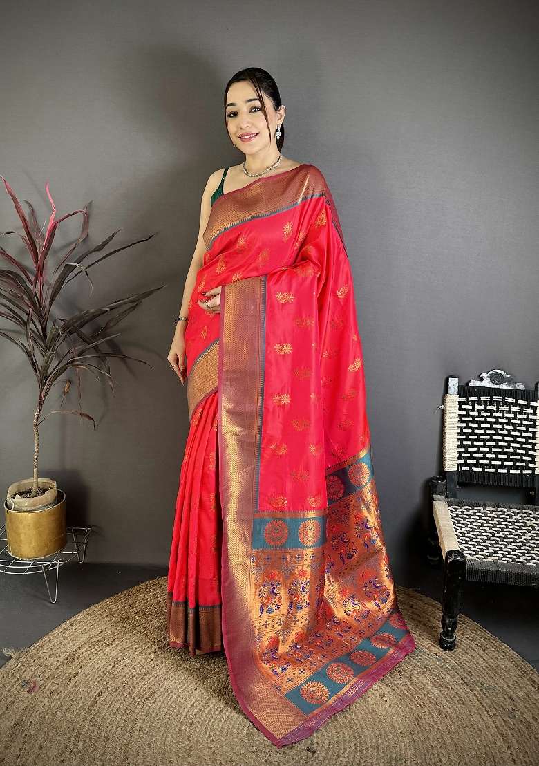 Rani Pink Silk Blend Saree Set with Zari Work for Diwali | Wedding & Festive Wear - Indya