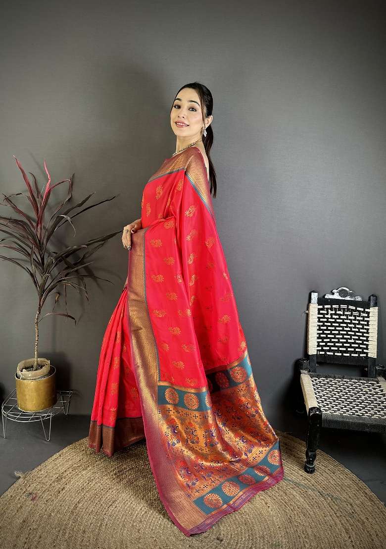 Rani Pink Silk Blend Saree Set with Zari Work for Diwali | Wedding & Festive Wear - Indya