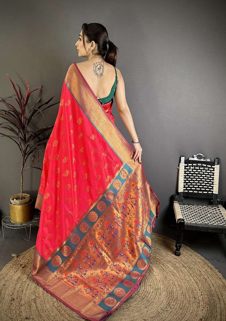 Rani Pink Silk Blend Saree Set with Zari Work for Diwali | Wedding & Festive Wear - Indya