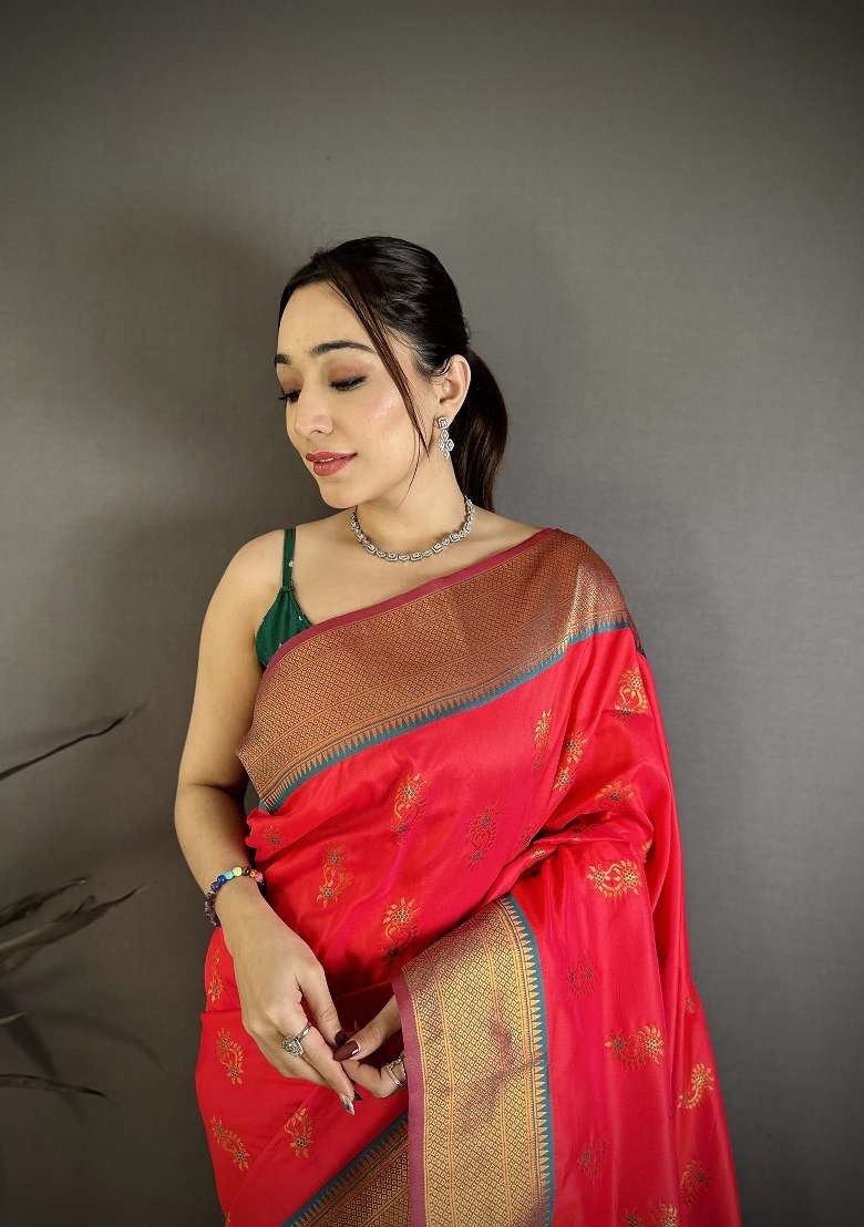Rani Pink Silk Blend Saree Set with Zari Work for Diwali | Wedding & Festive Wear - Indya