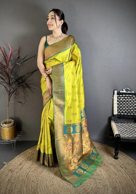 Lime Green Zari Work Silk Blend Saree Set