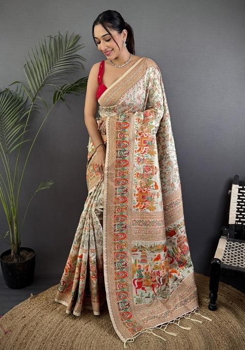Off-White Zari Work Silk Saree Set