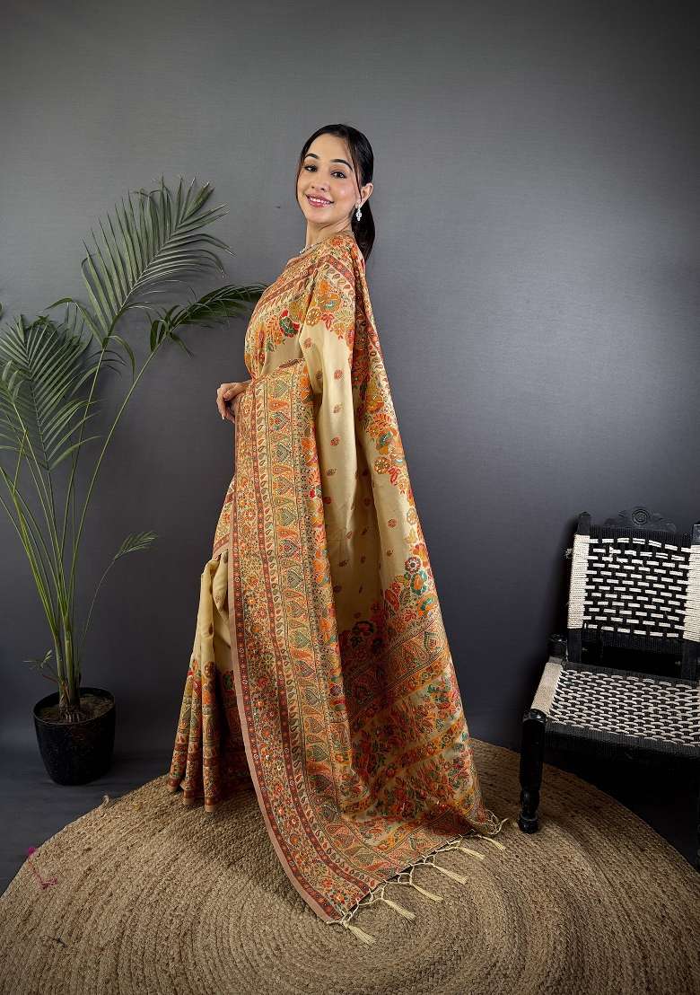 Beige Silk Blend Saree Set with Zari Work for Diwali | Wedding & Festive Wear - Indya