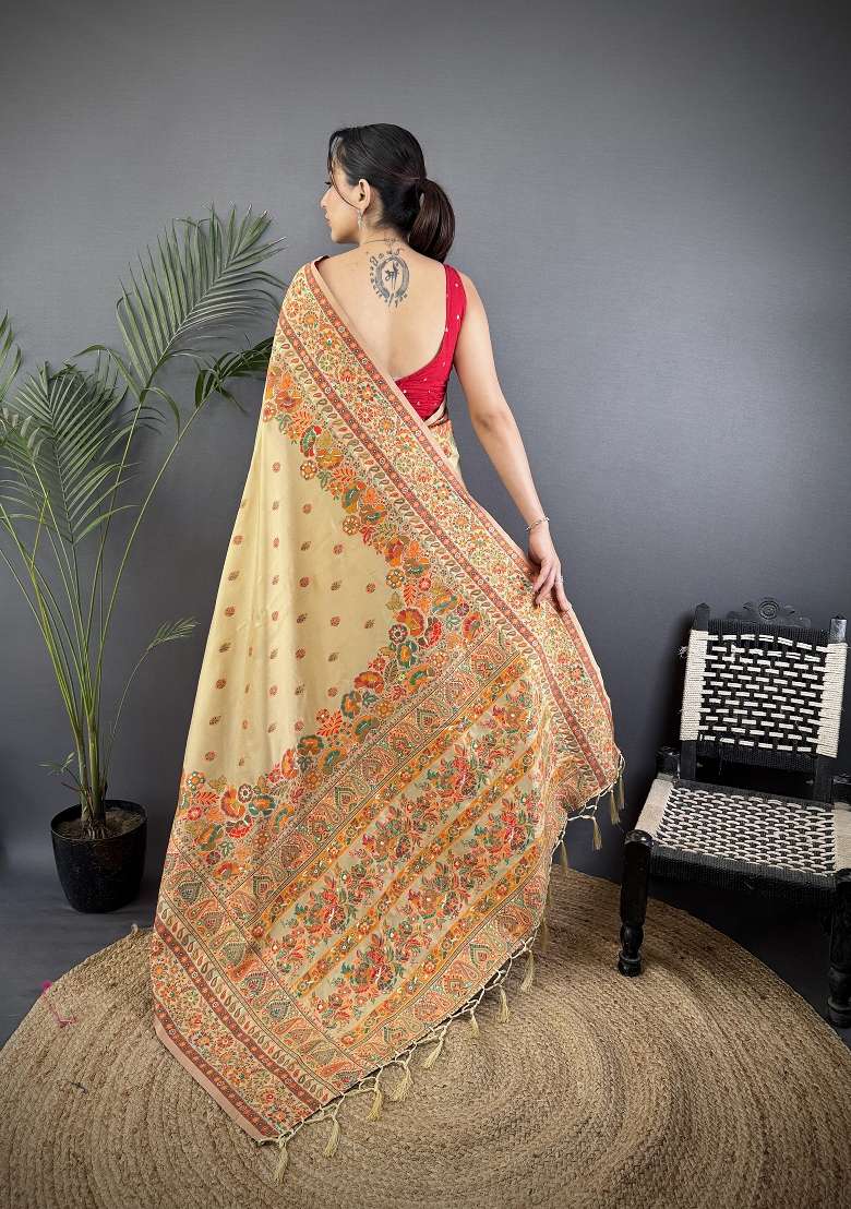 Beige Silk Blend Saree Set with Zari Work for Diwali | Wedding & Festive Wear - Indya