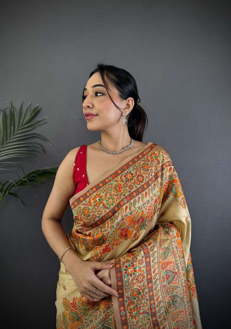 Beige Silk Blend Saree Set with Zari Work for Diwali | Wedding & Festive Wear - Indya