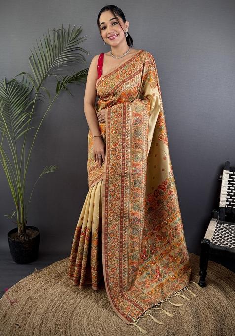 Beige Zari Work Silk Saree Set