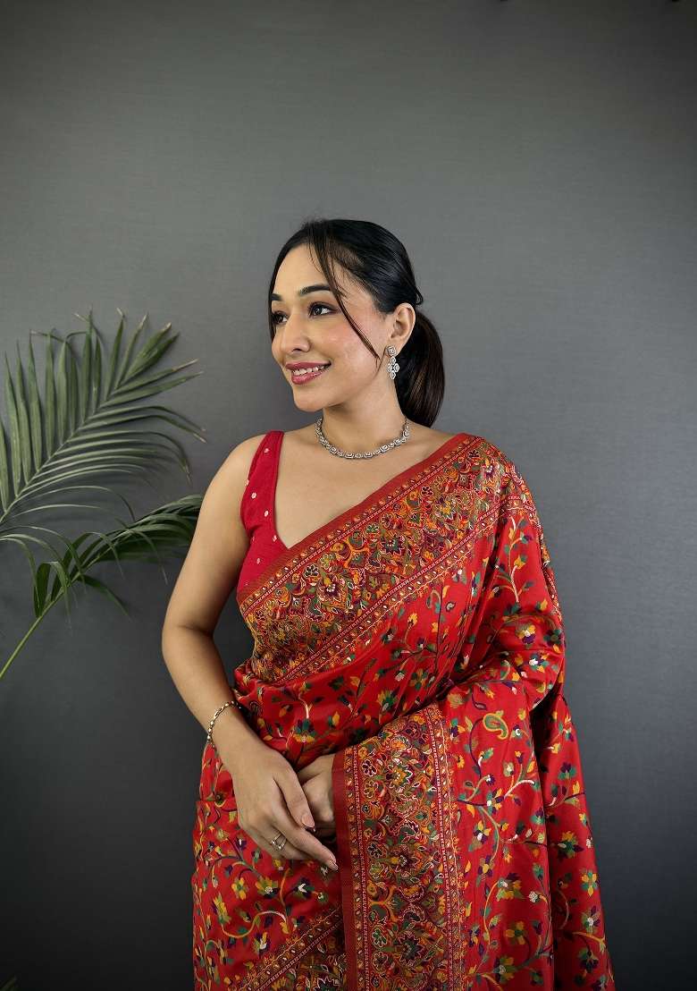 Red Silk Blend Saree Set with Zari Work for Diwali | Wedding & Festive Wear - Indya