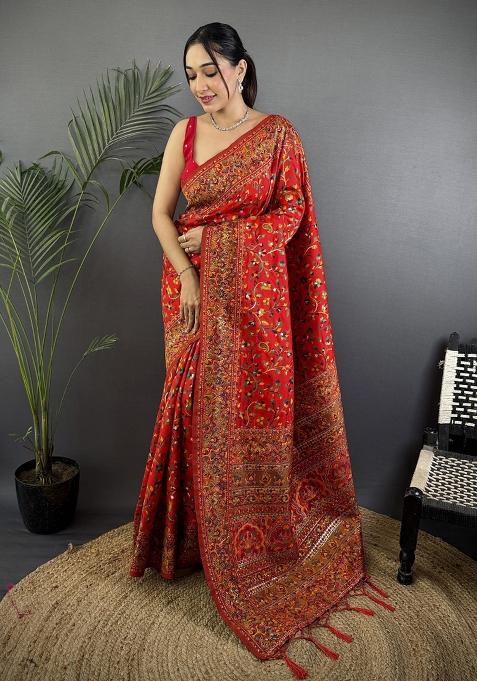 Red  Zari Work Silk Saree Set