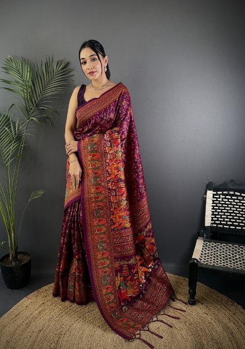 Wine Zari Work Silk Saree Set