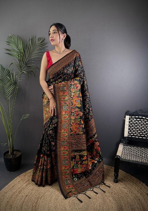 Black Zari Work Silk Saree Set