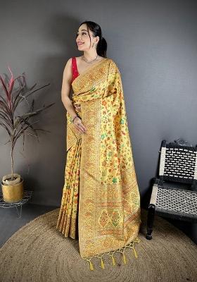 Golden Yellow Zari Work Silk Blend Saree Set