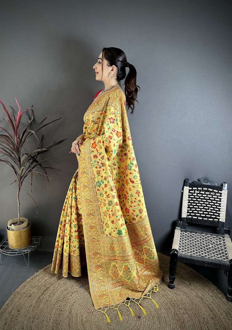 Golden Yellow Zari Work Silk Blend Saree Set - Indya