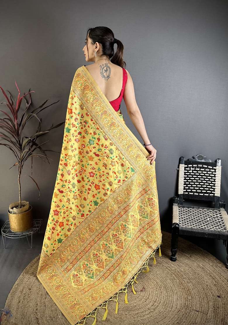 Golden Yellow Zari Work Silk Blend Saree Set - Indya