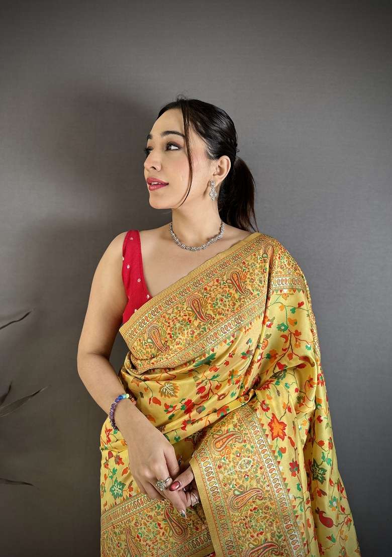 Golden Yellow Zari Work Silk Blend Saree Set - Indya