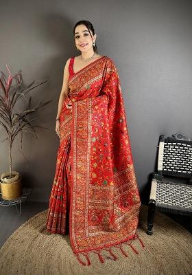 Red Zari Work Silk Blend Saree Set
