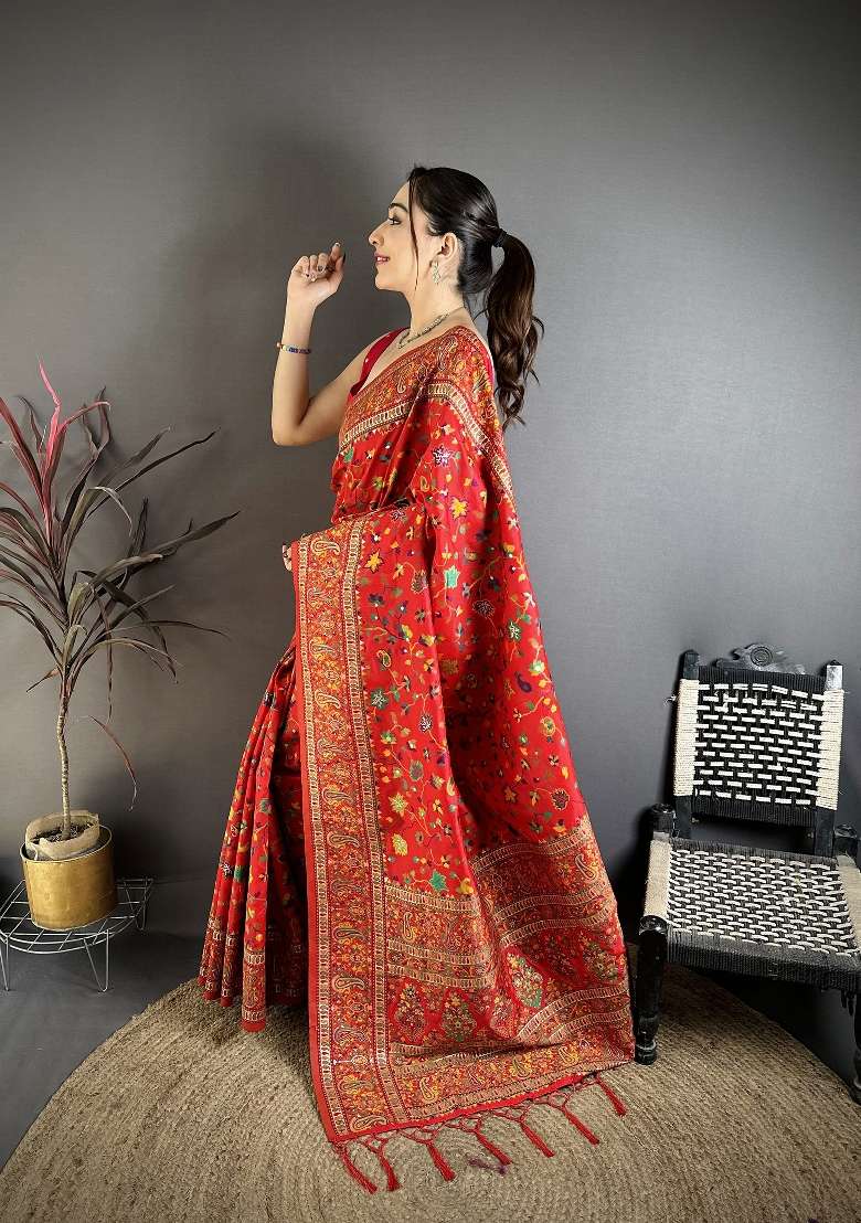 Red Zari Work Silk Blend Saree Set for Diwali and Festive Wear - Indya