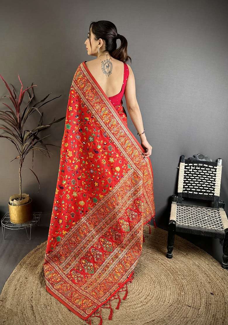 Red Zari Work Silk Blend Saree Set for Diwali and Festive Wear - Indya