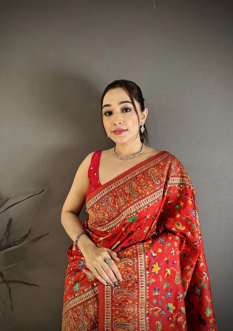 Red Zari Work Silk Blend Saree Set for Diwali and Festive Wear - Indya