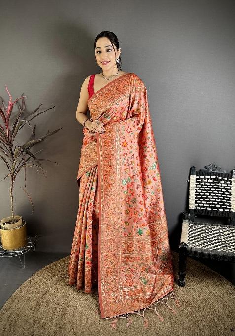 Peach Zari Work Silk Saree Set — view on Indya