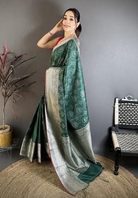 Dark Green Printed Silk Saree Set