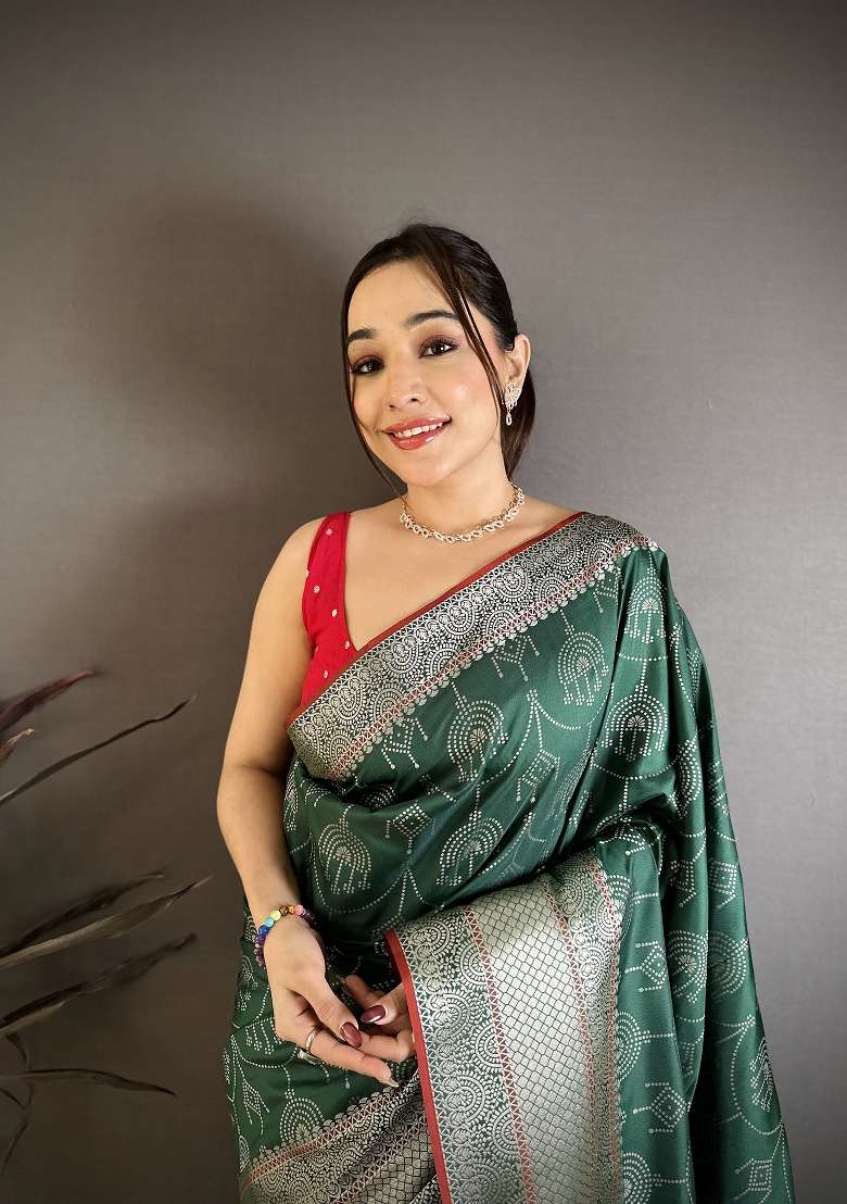 Dark Green Printed Silk Blend Saree Set for Diwali and Festive Wear - Indya