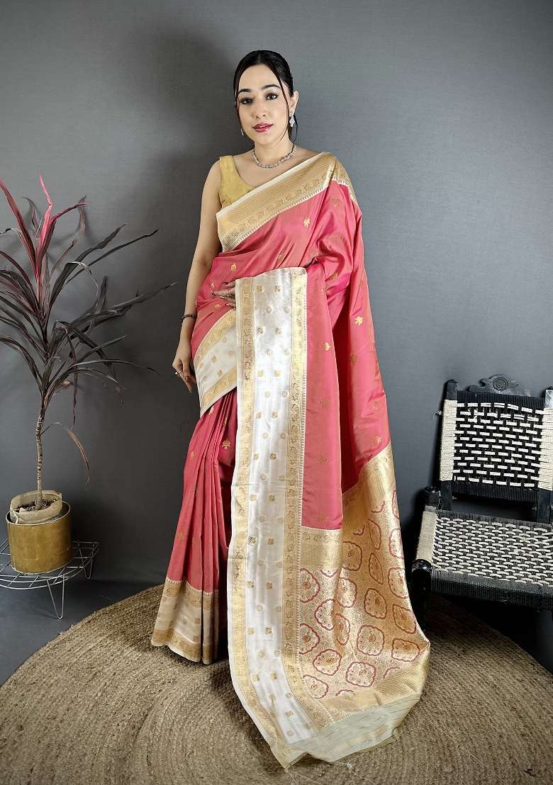 Coral Pink Floral Print Silk Blend Saree Set for Diwali and Festive Wear - Indya