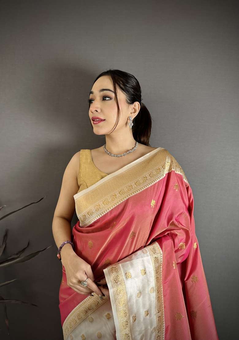 Coral Pink Floral Print Silk Blend Saree Set for Diwali and Festive Wear - Indya