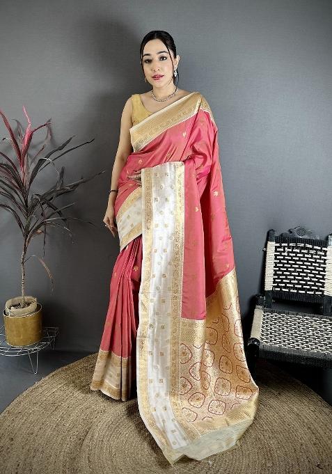 Coral Pink Floral Print Silk Blend Saree Set
