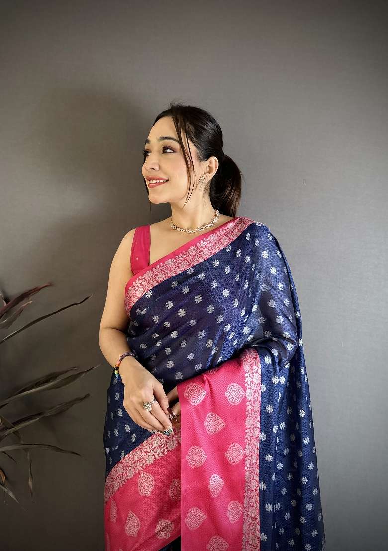 Navy Blue Silk Blend Saree Set with Zari Work for Diwali | Wedding & Festive Wear - Indya
