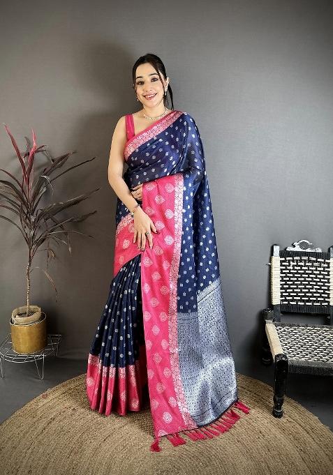 Navy Blue Zari Work Silk Saree Set