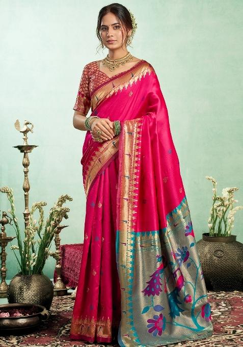 Pink Peacock Motifs Silk Saree Set