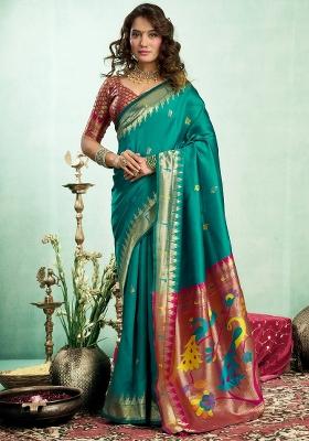 Dark Green Peacock Motifs Silk Blend Saree Set