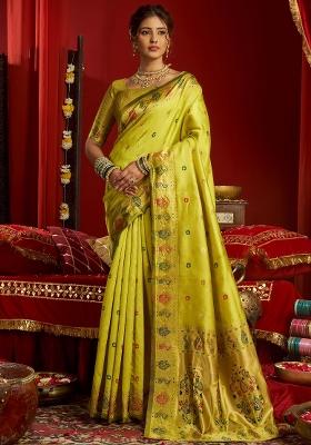 Lime Green Floral Print Silk Blend Saree Set