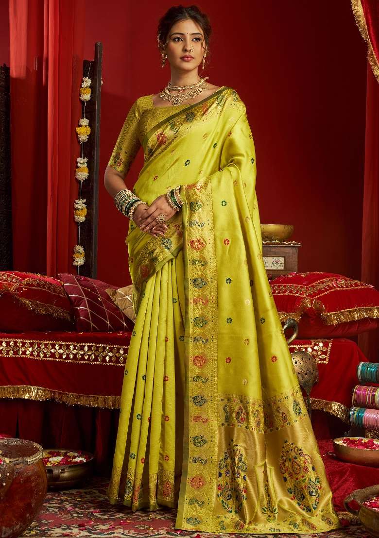 Lime Green Silk Blend Saree Set with Floral Print for Diwali | Wedding & Festive Wear - Indya