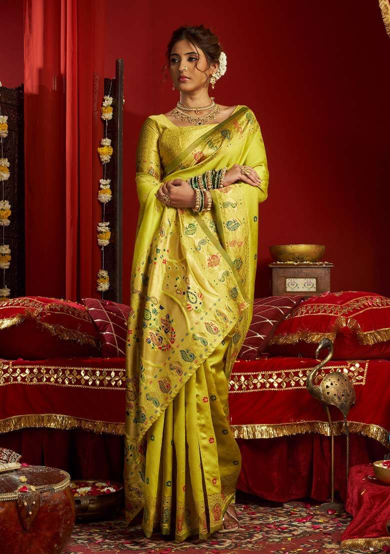Lime Green Silk Blend Saree Set with Floral Print for Diwali | Wedding & Festive Wear - Indya