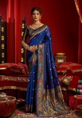 Royal Blue Floral Print Silk Saree Set